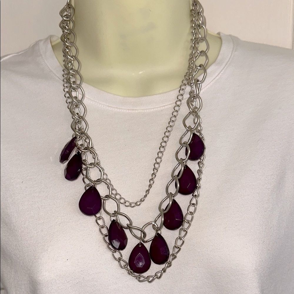 3 Strand Silver Tone and Purple Faceted Plastic Stones Teardrop Necklace‎